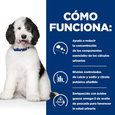 CÓMO FUNCIONA: Ayuda a reducir la concentración de los componentes esenciales de los cálculos urinarios. Niveles controlados de calcio y sodio y citrato potásico añadido. Enriquecido con omega-3.