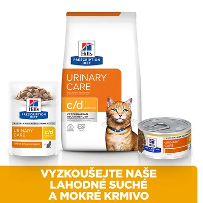 Hill's Prescription Diet Urinary Care c/d multicare pro kočky, balení suchého a mokrého krmiva. Text: VYZKOUŠEJTE NAŠE LAHODNÉ SUCHÉ A MOKRÉ KRMIVO.