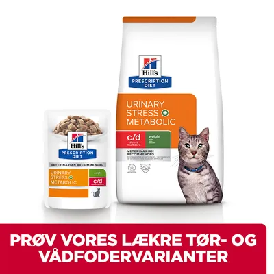 Hill's Prescription Diet Urinary Stress + Metabolic kattefoder, tør- og vådfoder. Synlig tekst: PRØV VORES LÆKRE TØR- OG VÅDFODERVARIANTER.