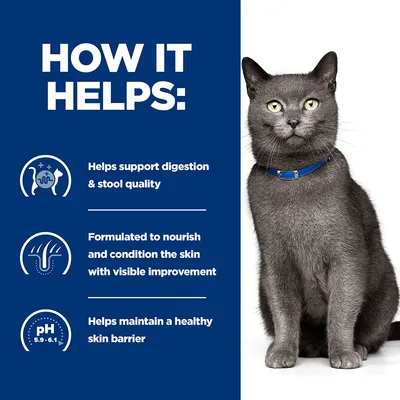 How it helps: supports digestion and stool quality, nourishes and conditions skin with visible improvement, helps maintain a healthy skin barrier. Includes image of a cat.
