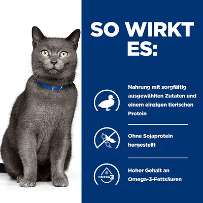 So wirkt es: Nahrung mit sorgfältig ausgewählten Zutaten und einem einzigen tierischen Protein, ohne Sojaprotein hergestellt, hoher Gehalt an Omega-3-Fettsäuren.
