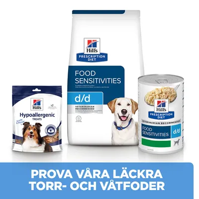 Hill's Prescription Diet Food Sensitivities d/d torrfoder, våtfoder och Hypoallergenic Treats. Text: Prova våra läckra torr- och våtfoder.