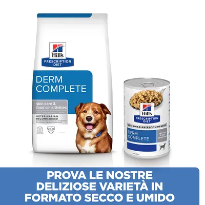 Hill's Prescription Diet Derm Complete per cani, confezione secca e umida. Testo: Prova le nostre deliziose varietà in formato secco e umido.