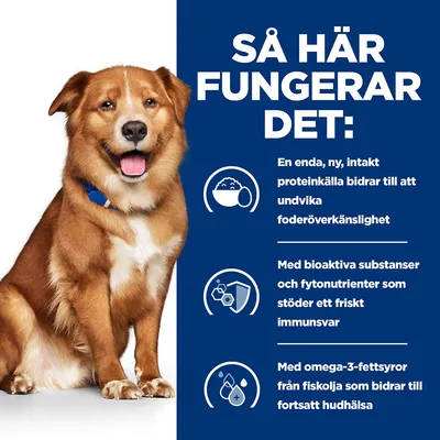 Så här fungerar det: En enda, ny, intakt proteinkälla bidrar till att undvika foderöverkänslighet. Med bioaktiva substanser och fytonutrienter som stöder ett friskt immunsvar. Med omega-3-fettsyror från fiskolja som bidrar till fortsatt hudhälsa.