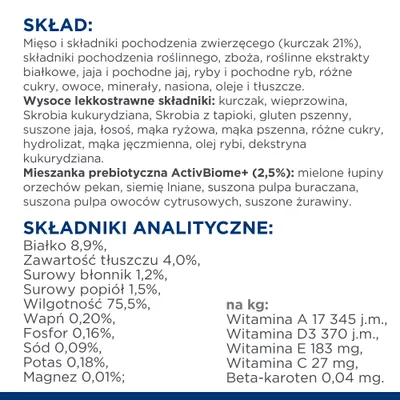 Skład: kurczak 21 %, wieprzowina, łosoś, mąka ryżowa, ActivBiome+ 2,5 %. Składniki analityczne: białko 8,9 %, tłuszcz 4,0 %, błonnik 1,2 %, popiół 1,5 %, wilgotność 75,5 %.