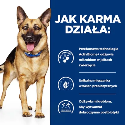 Jak karma działa: Przełomowa technologia ActivBiome+ odżywia mikrobiom w jelitach zwierzęcia, unikalna mieszanka włókien prebiotycznych, odżywia mikrobiom, aby wytwarzał dobroczynne postbiotyki.