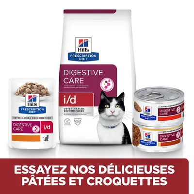 Hill’s Prescription Diet Digestive Care i/d pour chats, sachet, sac de croquettes et boîtes visibles. Texte : Essayez nos délicieuses pâtées et croquettes.
