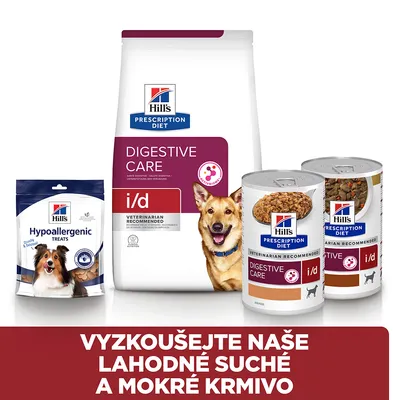 Hill's Prescription Diet Digestive Care i/d suché a mokré krmivo, Hypoallergenic Treats pro psy. Text: VYZKOUŠEJTE NAŠE LAHODNÉ SUCHÉ A MOKRÉ KRMIVO.