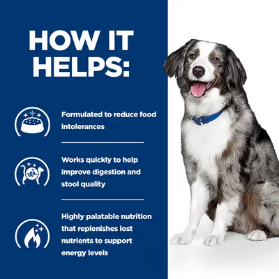 How it helps: formulated to reduce food intolerances, works quickly to improve digestion and stool quality, highly palatable nutrition replenishes nutrients to support energy levels.