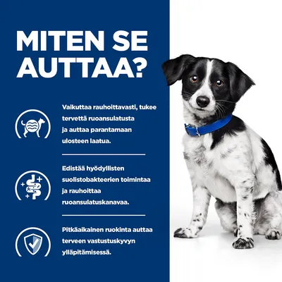 Teksti: Miten se auttaa? Vaikuttaa rauhoittavasti, tukee tervettä ruoansulatusta ja ulosteen laatua. Edistää hyödyllisten suolistobakteerien toimintaa. Pitkäaikainen ruokinta ylläpitää vastustuskykyä.