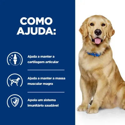 Como ajuda: Ajuda a manter a cartilagem articular, ajuda a manter a massa muscular magra, apoia um sistema imunitário saudável. Imagem de cão com coleira azul.