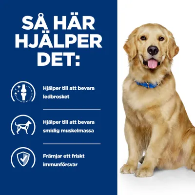 Så här hjälper det: Hjälper till att bevara ledbrosket, Hjälper till att bevara smidig muskelmassa, Främjar ett friskt immunförsvar. Illustrationer av led, hund och sköld.