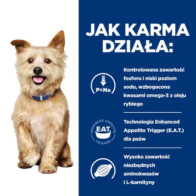 Jak karma działa: kontrolowana zawartość fosforu i sodu, omega-3 z oleju rybiego, technologia Enhanced Appetite Trigger (E.A.T.), wysoka zawartość aminokwasów i L-karnityny.