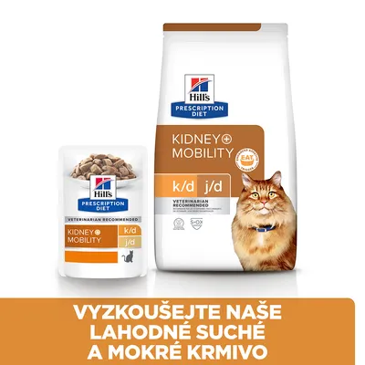 Hill's Prescription Diet Kidney+Mobility k/d j/d pre mačky, balenie suchého a mokrého krmiva. Text: Vyskúšejte naše lahodné suché a mokré krmivo.