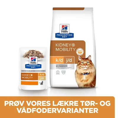 Hill's Prescription Diet Kidney+ Mobility k/d j/d tør- og vådfoder til kat. Tekst: PRØV VORES LÆKRE TØR- OG VÅDFODERVARIANTER. Kat ved siden af foderposer.