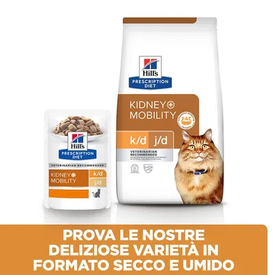 Hill's Prescription Diet Kidney+Mobility k/d j/d per gatti, confezioni secco e umido visibili. Testo: Prova le nostre deliziose varietà in formato secco e umido.