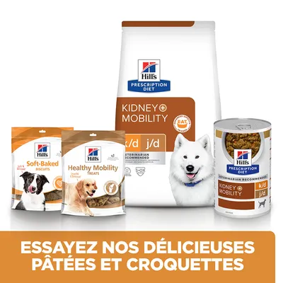 Gamme Hill's Prescription Diet : croquettes Kidney+Mobility k/d j/d, pâtée en boîte, biscuits Soft-Baked, friandises Healthy Mobility. Texte : Essayez nos délicieuses pâtées et croquettes.