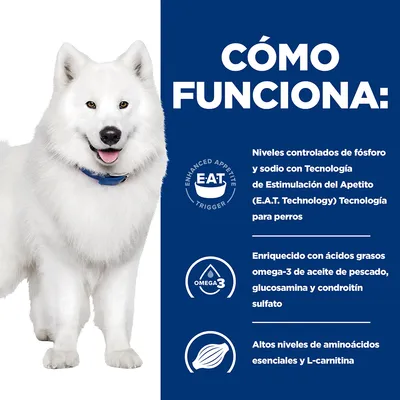 CÓMO FUNCIONA: Niveles controlados de fósforo y sodio con Tecnología de Estimulación del Apetito para perros. Enriquecido con omega-3, glucosamina, condroitín sulfato y L-carnitina.