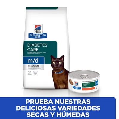 Hill's Prescription Diet Diabetes Care m/d para gatos, pienso y lata húmeda. Texto: Prueba nuestras deliciosas variedades secas y húmedas.