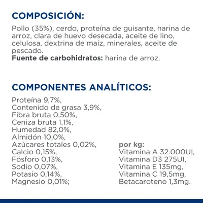 Composición: pollo 35 %, cerdo, proteína de guisante, harina de arroz, clara de huevo desecada, aceite de lino, minerales. Componentes analíticos: proteína 9,7 %, grasa 3,9 %, humedad 82 %.