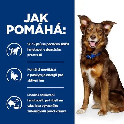 JAK POMÁHÁ: 96 % psů se podařilo snížit hmotnost v domácím prostředí. Pomáhá nepřibírat a poskytuje energii pro aktivní hru. Snadné snižování hmotnosti bez výrazného zmenšování porcí krmiva.
