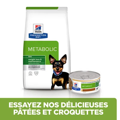Hill's Prescription Diet Metabolic Mini weight loss & maintenance, sac de croquettes et boîte pâtée pour chien, texte : Essayez nos délicieuses pâtées et croquettes