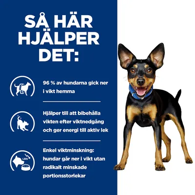 Så här hjälper det: 96 % av hundarna gick ner i vikt hemma. Hjälper till att bibehålla vikten efter viktnedgång och ger energi till aktiv lek. Enkel viktminskning utan radikalt minskade portioner.