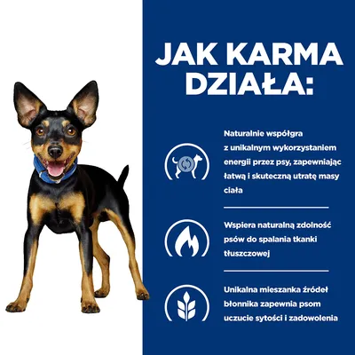 Jak karma działa: naturalnie wspomaga utratę masy ciała, wspiera spalanie tkanki tłuszczowej, unikalna mieszanka błonnika zapewnia uczucie sytości i zadowolenia u psów.
