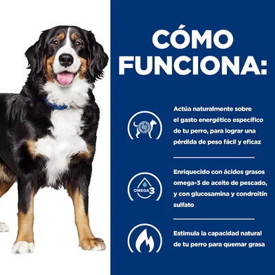 CÓMO FUNCIONA: actúa sobre el gasto energético del perro para perder peso, enriquecido con omega-3 de aceite de pescado, glucosamina y condroitín sulfato, estimula la quema de grasa.
