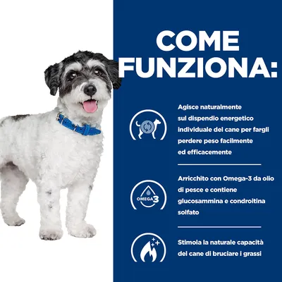 COME FUNZIONA: Agisce sul dispendio energetico del cane per favorire la perdita di peso, arricchito con Omega-3 da olio di pesce, glucosammina e condroitina solfato, stimola a bruciare grassi.
