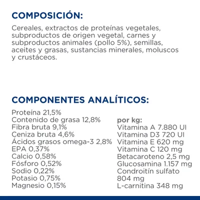 Composición: cereales, proteínas vegetales, pollo 5 %, semillas, aceites, minerales, moluscos y crustáceos. Componentes analíticos: proteína 21,5 %, grasa 12,8 %, omega-3 2,8 %, vitaminas y minerales.