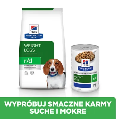 Hill's Prescription Diet Weight Loss r/d – opakowanie suchej karmy i puszka mokrej karmy dla psa. Widoczny napis: Wypróbuj smaczne karmy suche i mokre.