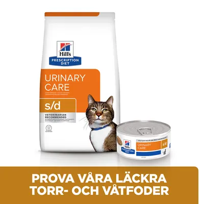 Hill's Prescription Diet Urinary Care s/d kattfoder, torrfoderpåse och våtfodburk. Text: Prova våra läckra torr- och våtfoder.
