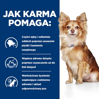 Jak karma pomaga: czyści zęby i odświeża oddech, wspiera zdrowe dziąsła, wartościowe żywienie wspierające zdrowie i układ odpornościowy psa. Tekst po polsku.