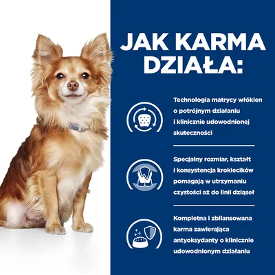 Jak karma działa: technologia matrycy włókien, specjalny rozmiar i kształt krokiecików, kompletna karma z antyoksydantami o klinicznie udowodnionym działaniu. Pies siedzi obok tekstu.