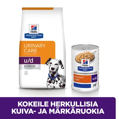 Hill's Prescription Diet Urinary Care u/d -kuivaruokapussi ja märkäruokasäilyke koirille. Teksti: Kokeile herkullisia kuiva- ja märkäruokia.