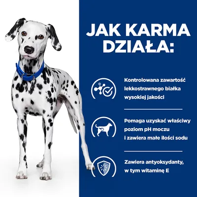 Jak karma działa: kontrolowana zawartość lekkostrawnego białka, pomaga uzyskać właściwy poziom pH moczu i niską ilość sodu, zawiera antyoksydanty w tym witaminę E.