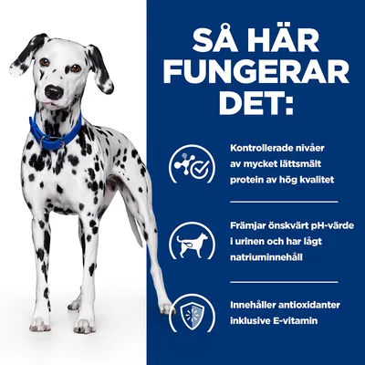 Så här fungerar det: Kontrollerade nivåer av mycket lättsmält protein av hög kvalitet. Främjar önskvärt pH-värde i urinen och har lågt natrium­innehåll. Innehåller antioxidanter inklusive E-vitamin.