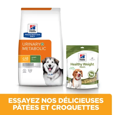 Hill's Prescription Diet Urinary + Metabolic c/d multicare pour chien et Hill's Healthy Weight Treats, texte : Essayez nos délicieuses pâtées et croquettes