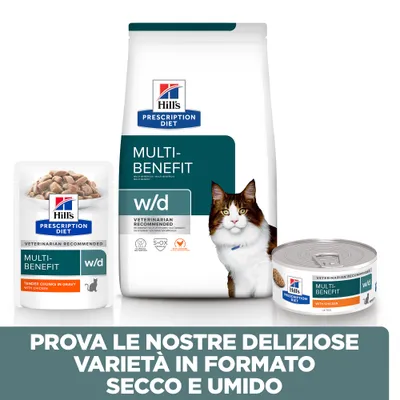 Hill's Prescription Diet Multi-Benefit w/d per gatti, confezioni secco e umido. Testo: Prova le nostre deliziose varietà in formato secco e umido.