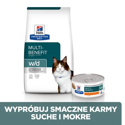 Hill's Prescription Diet Multi-Benefit w/d karma dla kota, opakowanie suchej i puszka mokrej karmy. Widoczny napis: Wypróbuj smaczne karmy suche i mokre.