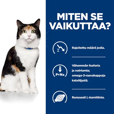 MITEN SE VAIKUTTAA? Rajoitettu määrä jodia. Vähemmän fosforia ja natriumia; omega-3-rasvahappoja kalaöljystä. Runsaasti L-karnitiinia.