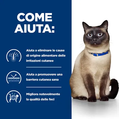 COME AIUTA: Aiuta a eliminare le cause di origine alimentare delle irritazioni cutanee, promuove una barriera cutanea sana, migliora notevolmente la qualità delle feci. Gatto con collare blu. COME AIUTA: Aiuta a eliminare le cause di origine alimentare delle irritazioni cutanee, promuove una barriera cutanea sana, migliora notevolmente la qualità delle feci. Gatto con collare blu.