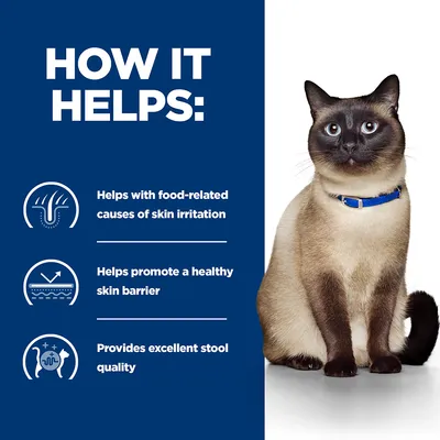 Image lists benefits: helps with food-related causes of skin irritation, helps promote a healthy skin barrier, provides excellent stool quality. Cat shown beside text.