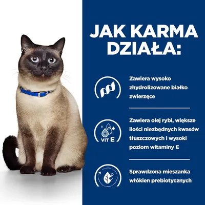 Jak karma działa: zawiera wysoko zhydrolizowane białko zwierzęce, olej rybi, więcej niezbędnych kwasów tłuszczowych i witaminy E, sprawdzona mieszanka włókien prebiotycznych.