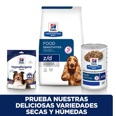 Hill's Prescription Diet Food Sensitivities z/d pienso seco y húmedo, y Hill's Hypoallergenic Treats para perros. Texto: Prueba nuestras deliciosas variedades secas y húmedas.