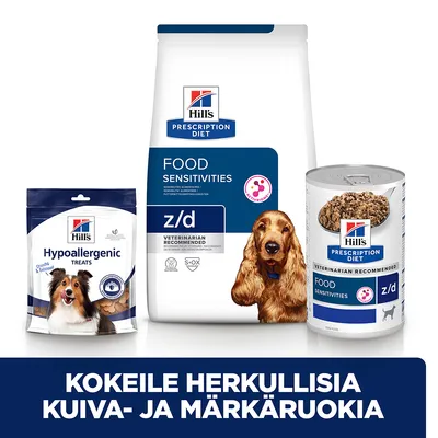 Hill's Prescription Diet z/d Food Sensitivities -kuivaruoka ja märkäruoka sekä Hypoallergenic Treats -herkut koirille. Teksti: Kokeile herkullisia kuiva- ja märkäruokia.