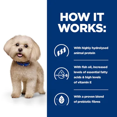 How it works: with highly hydrolysed animal protein, fish oil and increased essential fatty acids plus vitamin E, and a proven blend of prebiotic fibres.