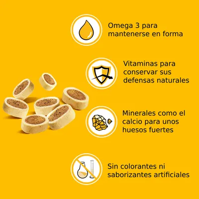 Omega 3 para mantenerse en forma, vitaminas para conservar sus defensas naturales, minerales como el calcio para unos huesos fuertes, sin colorantes ni saborizantes artificiales.