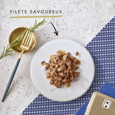 Assiette de filets en sauce sur une table, texte visible : FILETS SAVOUREUX. Fourchette dorée et branche de romarin à côté.